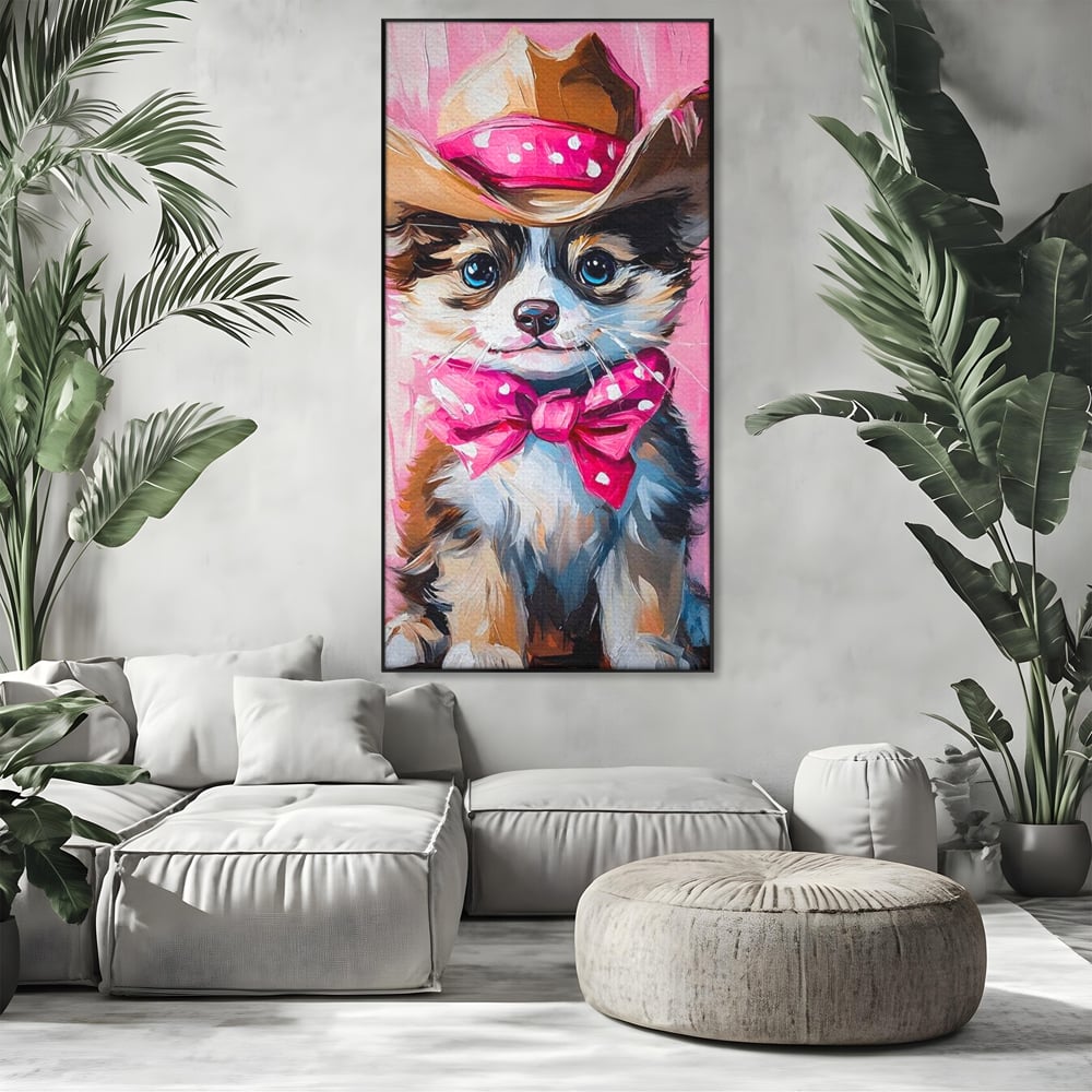 Tablou canvas cu tablou canvas cu catelus cowboy, in rama de aluminiu negru, pe perete intr-un living
